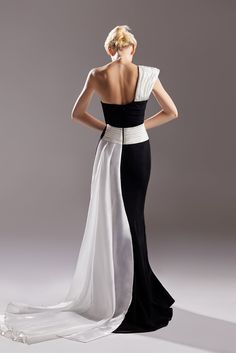 Description Black-White Mermaid, Long dress Sleeveless Open neckline One Shoulder Crepe, Organza Dry Clean Evening Dress Made in Lebanon GCS 1502 Plus Size Gowns Wedding, Black And White Evening Dresses, White Evening Dresses, Mnm Couture, Jasz Couture, White Mermaid, Mermaid Evening Gown, Plus Size Gowns, Gown Plus Size