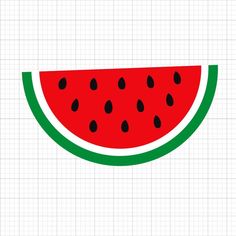 a piece of watermelon with black dots on the bottom and green edges is shown