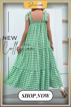 Elegant Fashion Check Sleeveless Sling Dress Women Summer Dress New Lace-up Ruffle Slash Neck Swing with A-line Long Dress Green Sleeveless Suspender Dress, Casual A-line Suspender Dress For Summer, Green Sleeveless Suspender Dress For Spring, Green Sleeveless Suspender Dress For Summer, Green Sleeveless Summer Suspender Dress, A-line Maxi Dress With Ruffles For Vacation, Ruffled Sundress For Picnic, Sleeveless Ruffled Suspender Dress For Vacation, Sleeveless Ruffles Suspender Dress For Vacation