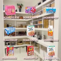 an advertisement for cereal is displayed on the shelf in front of shelves with different types of cereal