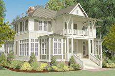 this is an artist's rendering of a two story house with porches and balconies