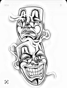 a drawing of two clowns with faces drawn in ink on the side of their face