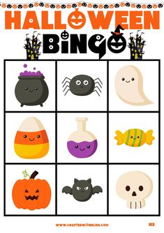 halloween bingo game for kids with pumpkins, bats and ghost faces on it's side