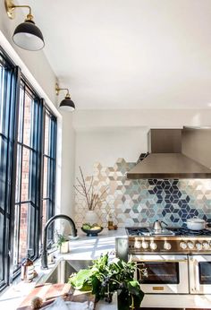 a kitchen with an oven, sink and potted plants on the counter top in front of large windows