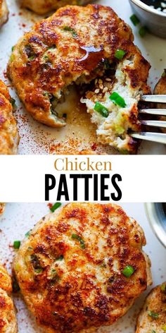 chicken patties on a plate with a fork