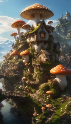 the mushroom house is surrounded by mushrooms and houses on top of it, with water in the background