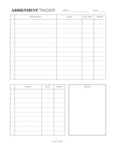 an assignment tracker is shown in the form of a blank sheet for students to use