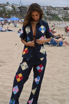 Quilted Pants Outfit, Beach Season Patchwork Bottoms, Quilted Button-up Work Outerwear, Beach Wide Leg Patchwork Pants, Beach Patchwork Wide Leg Pants, Multicolor Patchwork Beach Pants, Workwear Button-up Quilted Jacket, Cotton Patchwork Button-up Tops, Relaxed Fit Patchwork Button-up Outerwear