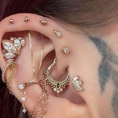 there are many different types of piercings on this woman's ear