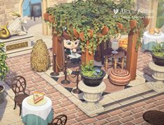 an animated image of a patio with potted plants and tables in front of it