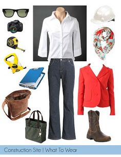 What to Wear - construction site, female Womens construction site visit outfit Professional Construction Outfits Women, Site Visit Outfit Construction, Site Engineer Outfit Woman, Construction Work Outfit Women, Womens Construction Site Visit Outfits, Architect Site Visit Outfit, Construction Project Manager Outfit Women, Construction Site Outfit Woman, Female Architect Outfit