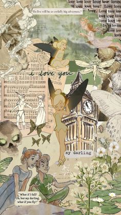 an altered collage with various images and words on it's side, including a clock tower