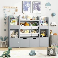 a child's play room with toys and bookshelves