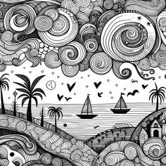 a black and white drawing of boats on the water with swirls in the sky