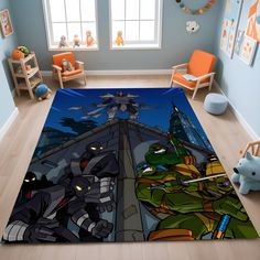 teenage boys bedroom with tmnt rugs and toys