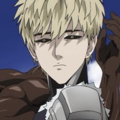 an anime character with blonde hair and black eyes holding his hand up in the air