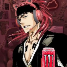 an anime character with red hair and headphones holding a can of monster energy drink