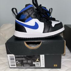 Toddler Jordan 1 Mid Size 5c Infant Jordan 1, Toddlers Jordans, Jordans For Baby, Baby Boy Jordans, Baby Jordans Boy Shoes, Ralph Lauren Boots, Disney Sneakers, Baby Jordans, Black Lace Up Shoes