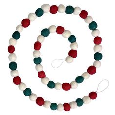 a red, white and green beaded necklace on a white background with a string