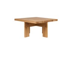 a square wooden table with two legs and one leg raised up to the side, against a white background