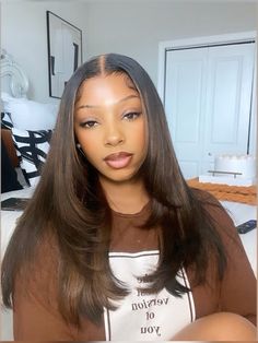 Mid Length Hair With Layers Black Women, Straight Hair Black Women, Straight Wigs For Black Women, Freshman In College, Inspired Hairstyles, Cinnamon Hair, Sew In Hairstyles, One Night Stand, Dope Hairstyles