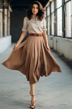 Introducing our exquisite Brown Linen Pleated Skirt, a timeless addition to your wardrobe that seamlessly combines comfort and style. Crafted specifically for the modern woman, this skirt is a perfect fusion of classic design and contemporary functionality. Looking for a custom tailored skirt ! Just share your measurements using our cutting-edge form, and we'll craft the final product to match your body sizes and preferences without any additional charges. Send us a message now and we'll assist Pleated Skirt With Shirt Outfit, Ladies Skirts Casual, Work Beach Party Outfit, Classical Outfits For Women, Fashion Attire Outfit Ideas, Work Summer Dress, Tops With Skirts Outfit, Tops And Skirts Outfit, Modern Elegance Fashion