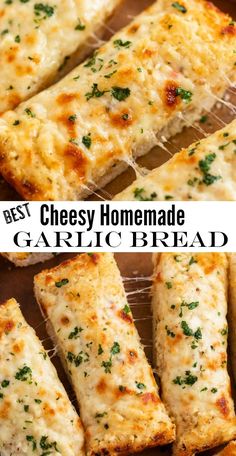 cheesy homemade garlic bread is cut into pieces