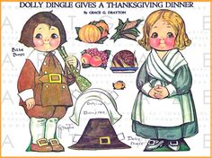 an old thanksgiving card with two children dressed up as pilgrims and one holding a turkey