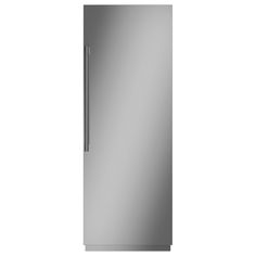 a tall stainless steel refrigerator freezer on a white background with the door ajar