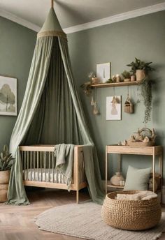 a baby's room with a canopy bed, rugs and other items on the floor