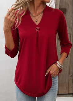 Color:Wine Red;Size:S;Size:M;Size:L;Size:XL;Size:XXL;Package Contents:1 X T Shirt;Occasion:Other;Style:Casual; Dark Red Shirt, Red Shirts, Three Quarter Sleeve Tops, Boutique Style Outfits, Heart Decor, Trendy Tops For Women, Lovely Tops, Red T, Red Shirt