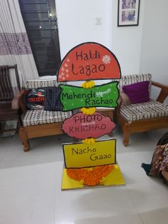 marigold stand cardboard desi indian wedding decor Decoration Haldi Function, Haldi Banner Ideas, Haldi Carnival Ideas, Haldi Craft Ideas, Dala Ideas Wedding, Diy For Haldi Decoration, Haldi Banner Design, Haldi Diy Decoration, Gaye Holud Decorations