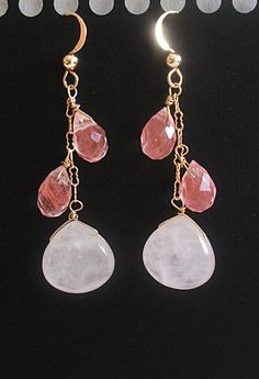 "These earrings feature delicate 14k Gold Filled Chain with smaller Cherry Quartz (5x10mm) faceted briolettes accented with Rose Quartz faceted flat heart shape briolettes (13mm) at the end, hand wrapped with 14k Gold Filled wire with 14k Gold Filled earwires. The total length of each earring is 1 3/4\" including earwires. Materials used: 14k Gold Fill, faceted light pink Rose Quartz briolette (13mm), 14k Gold Filled earwires, Cherry Quartz briolettes (5x10mm) Details: Brand New earrings Measures approx. 1 3/4\"L 14k Gold Filled French wire back Gift Box included" Amethyst Earrings Gold, Briolette Earrings, Dangle Earrings Wedding, Cherry Quartz, Rose Quartz Earrings, Gold Filled Earrings, Wedding Jewelry Earrings, Amber Jewelry, Fashion Designs