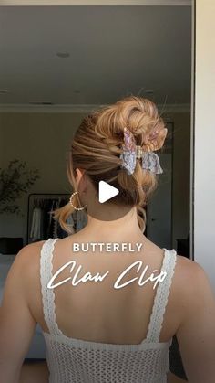 Nichole Ciotti on Instagram: "Butterfly Claw Clip Hairstyle 🦋

Start with your hair in a ponytail. Lift your ponytail straight up and place a butterfly claw clip over the hair tie. Split the ponytail above your head into two and cross them. Bring both sections down. Twist each section toward the clip two times before pushing them under the claw clip to secure. Gather the remaining ends and tuck them under the side of the clip. Gently pull on the top sections of hair to expand and fluff as desired!

#hair #hairtutorial #updo #hairstyles" Twisted Claw Clip Hairstyles, Hair In Claw Clip Front View, Ponytail Using Claw Clip, Updo With Butterfly Clips, Hair Pulled Back With Claw Clip, Ponytail Lift, Butterfly Clip Hairstyles, Claw Clip Pigtail Buns, Straight Up Hairstyles