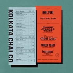 two menus with different types of food on them, one in orange and the other in black