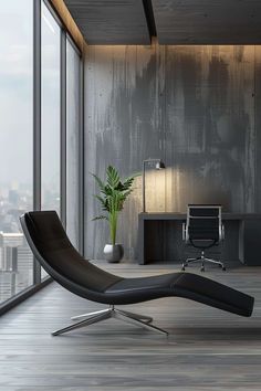 an office with a chair, desk and large window overlooking the cityscape is pictured in this image