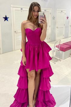 This cute gown is made with a sweetheart neckline and a tiered hi-low skirt. Its unique design has a comfortable fit that will make you look effortlessly elegant at any occasion. Expertly crafted and detailed with precision, this dress is the perfect choice for stylish occasion wear. ♡ SKU: FV12284 ♡ Shown Color: Fuchsia ♡ Fabric: Satin ♡ Our dresses run true to size. ♡ Besides stand size 2-16, we still offer free custom size, which requires the next size: Bust:___ inch/cmWaist:___ inch/cmHips:_ Dress With Corset Top, Prom Dress With Ruffles, High Low Prom Dress, Long Party Dress, High Low Prom Dresses, Strapless Prom Dress, Sweetheart Prom Dress, Dress With Ruffles, Stretch Satin