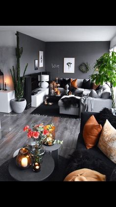 a living room filled with lots of furniture and plants on top of the couches