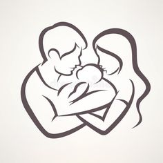 a man and woman holding a baby in their arms, black outline on white background