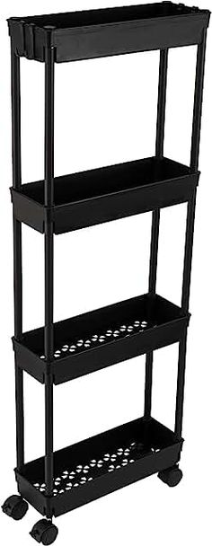 three tiered shelf with wheels and four shelves on each side, one is black