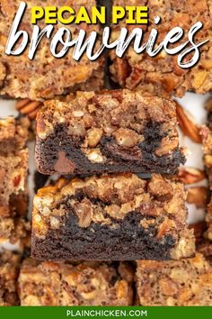 pecan pie brownies stacked on top of each other with the words pecan pie brownies above them