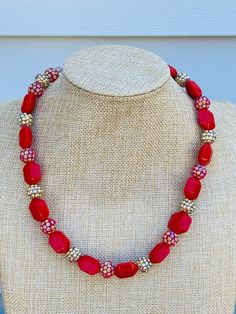 Christmas necklace or anytime flashy necklace The necklace is 18 1/2 inches. If extender is needed, please message Vintage Red Beads are 19mm and acrylic Rhinestone beads are acrylic and 10mm Red Beaded Necklaces, Awesome Crafts, Etsy Marketing, Christmas Necklace, Vintage Beads Necklace, Red Sparkle, Beads Chain, Gold And Red, Red Beads