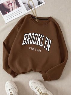 SHEIN LUNE Letter Graphic Thermal Lined Sweatshirt | SHEIN USA Coffee Brown Color, Women Sweatshirts, Lined Hoodie, Coral Orange, Coffee Brown, Brooklyn New York, Girl Sweatshirts, Red And Grey