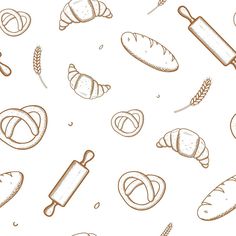 breads and pastries are drawn on a white background with brown lines in the middle