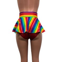 Made of stretchy rainbow stripe print spandex, this circle skater skirt swings and twirls with movement. Perfect for your pride parade outfit! The skirt length is 10" from top to bottom. Fitted Multicolor Party Shorts, Multicolor Stretch Skirted Skort, Fitted Multicolor Skirted Bottoms, Summer Rainbow Stretch Bottoms, Fitted Multicolor Skirted Skort, Fitted Multicolor Bottoms For Pride, Fitted Rainbow Print Bottoms For Summer, Multicolor High Waist Stretch Skirt, High Waist Multicolor Stretch Skirt