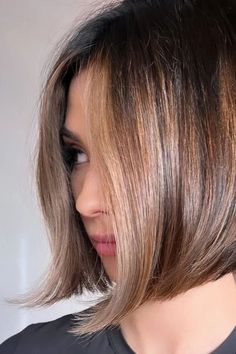 Woman with short brown hair enhanced with light brown and blonde highlights. Light Brown Hair Bob, Short Brown Hair With Highlights, Highlight Shades, Brown Bob Hair, Brown And Blonde