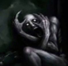 an image of a creepy woman with her mouth open and hands in front of her face