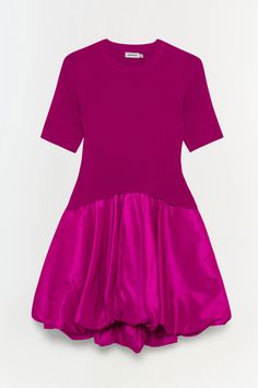 FALL 2024 WOMEN'S COLLECTION The Kenny Dress in Magenta. This short sleeve bubble mini combines a fitted bodice with a playful bubble skirt for a chic and modern look. Its structured silhouette and unique hemline add a touch of contemporary elegance. Dress Fit: True to size. Chic Voluminous Puff Sleeve Dress With Short Sleeves, Chic Voluminous Puff Sleeve Short Dress, Voluminous Puff Sleeve Evening Dress, Modern Formal Mini Dress With Short Sleeves, Fitted Mini Dress With Half Sleeve For Evening, Modern Short Sleeve Mini Dress, Fitted Half Sleeve Mini Dress For Evening, Fitted Puff Sleeve Dress With Bubble Hem, Spring Dresses With Voluminous Skirt And Short Sleeves