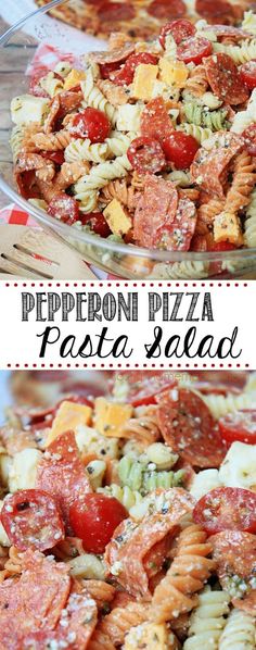 two pictures of pasta salad with pepperoni and tomatoes in the middle, on top of each other