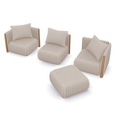 a set of four chairs and ottomans with pillows